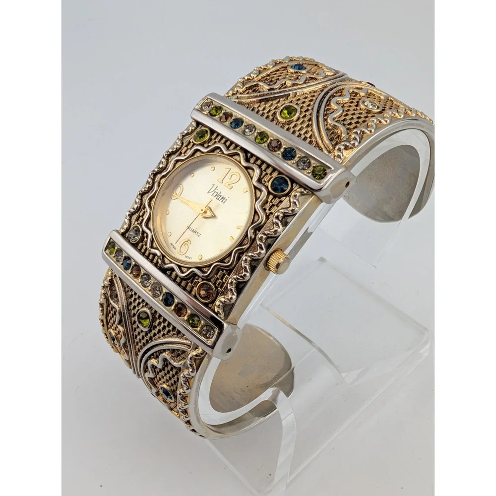 Vivani Rhinestone Cuff Women's Watch Gold Tone Multicolor Gems- New Battery